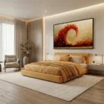Gestural abstract hand-painted canvas with swirling red and gold flames against warm ochre tones, modern bedroom setting