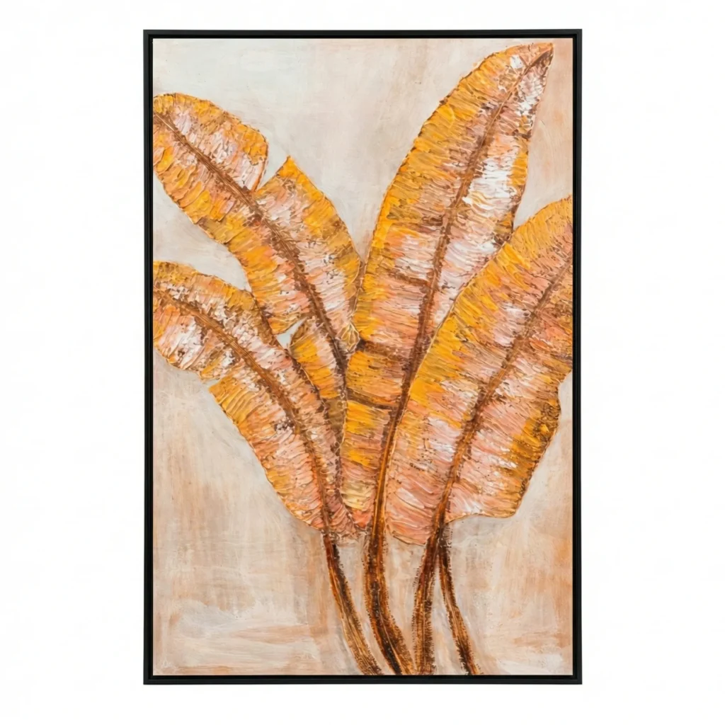 Contemporary hand-painted canvas featuring layered golden palm fronds in warm ochre and cream tones