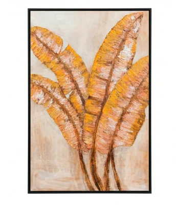 Contemporary hand-painted canvas featuring layered golden palm fronds in warm ochre and cream tones