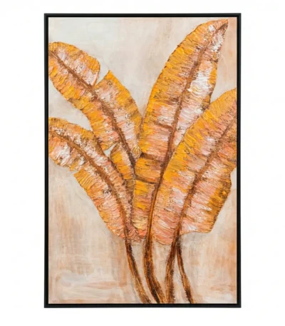 Contemporary hand-painted canvas featuring layered golden palm fronds in warm ochre and cream tones