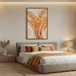Contemporary hand-painted canvas depicting golden banana leaves in warm ochre and terracotta tones, modern bedroom