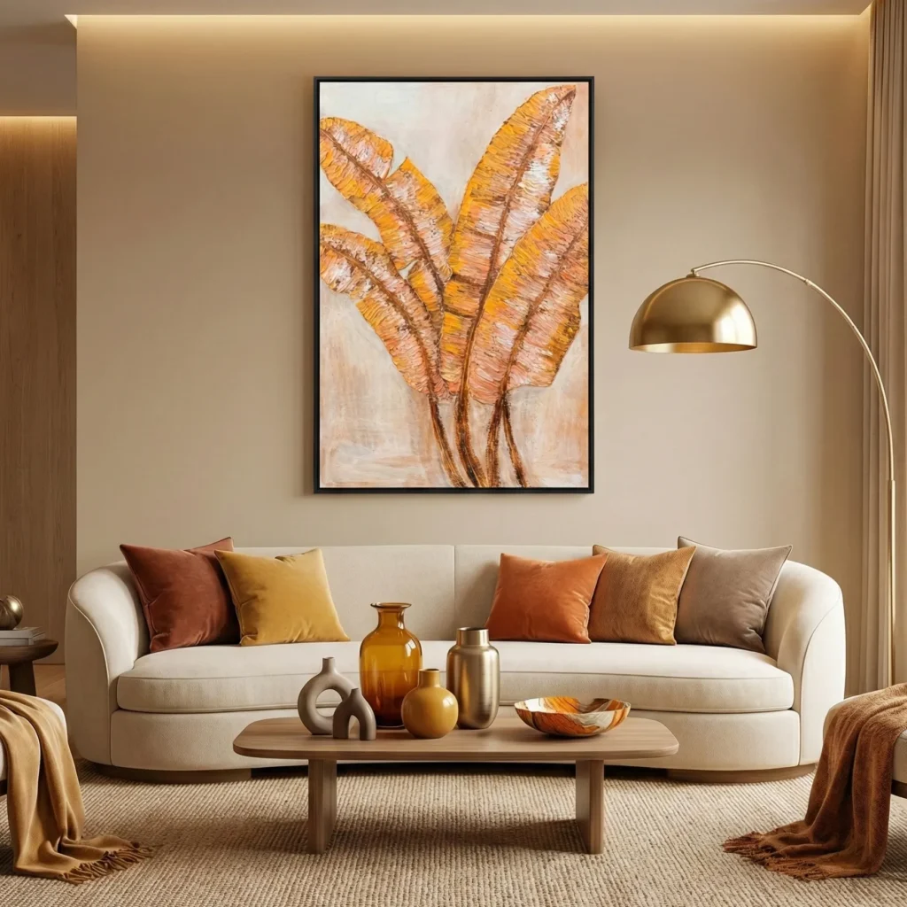 Textured hand-painted canvas of layered golden banana leaves in warm ochre and terracotta tones, contemporary living space