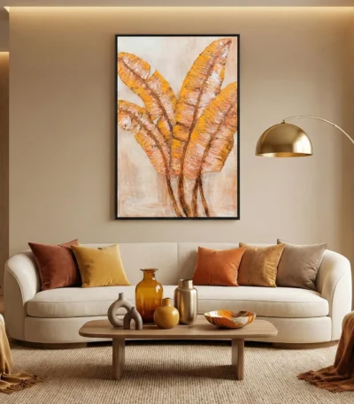 Textured hand-painted canvas of layered golden banana leaves in warm ochre and terracotta tones, contemporary living space