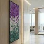 Contemporary abstract hand-painted canvas with layered purple, cream, and teal geometric squares, modern high-rise interior