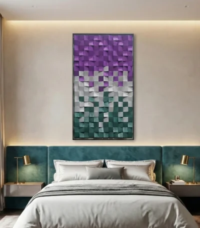 Textured abstract hand-painted canvas in layered purple, grey, and teal geometric blocks, contemporary bedroom