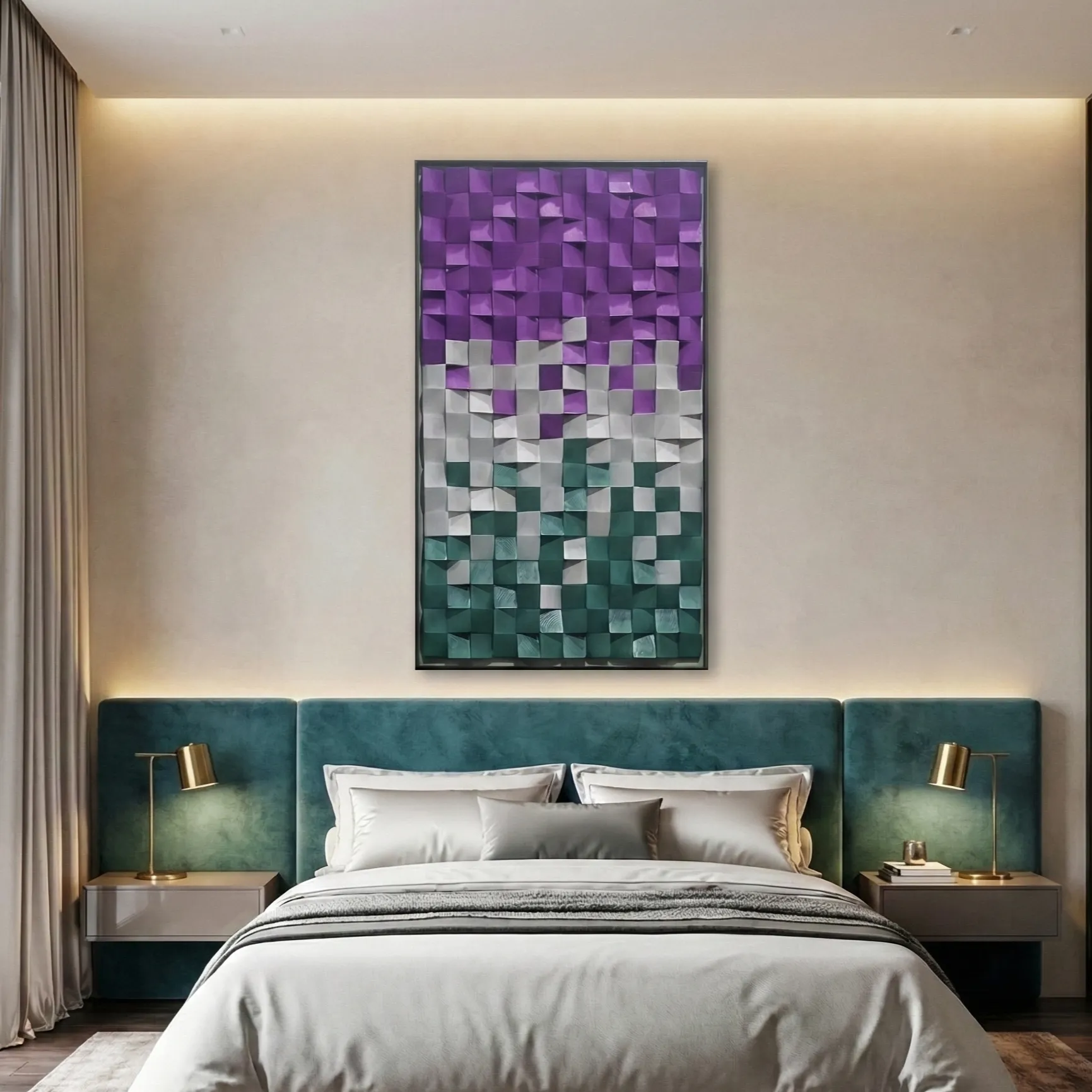 Amethyst & Teal Mosaic – Modern Geometric Wall Decor (3) Textured abstract hand-painted canvas in layered purple, grey, and teal geometric blocks, contemporary bedroom
