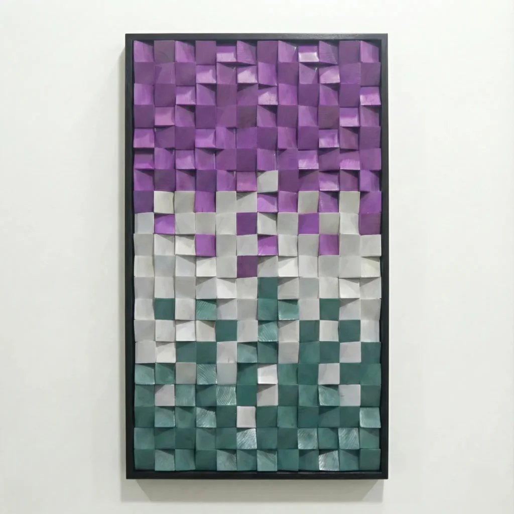 Textured abstract hand-painted canvas in purple, grey, and teal gradient with dimensional square patterns, white wall backdrop