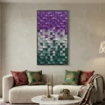 Textured abstract hand-painted canvas with layered purple, grey, and teal geometric squares in dimensional relief, contemporary living space