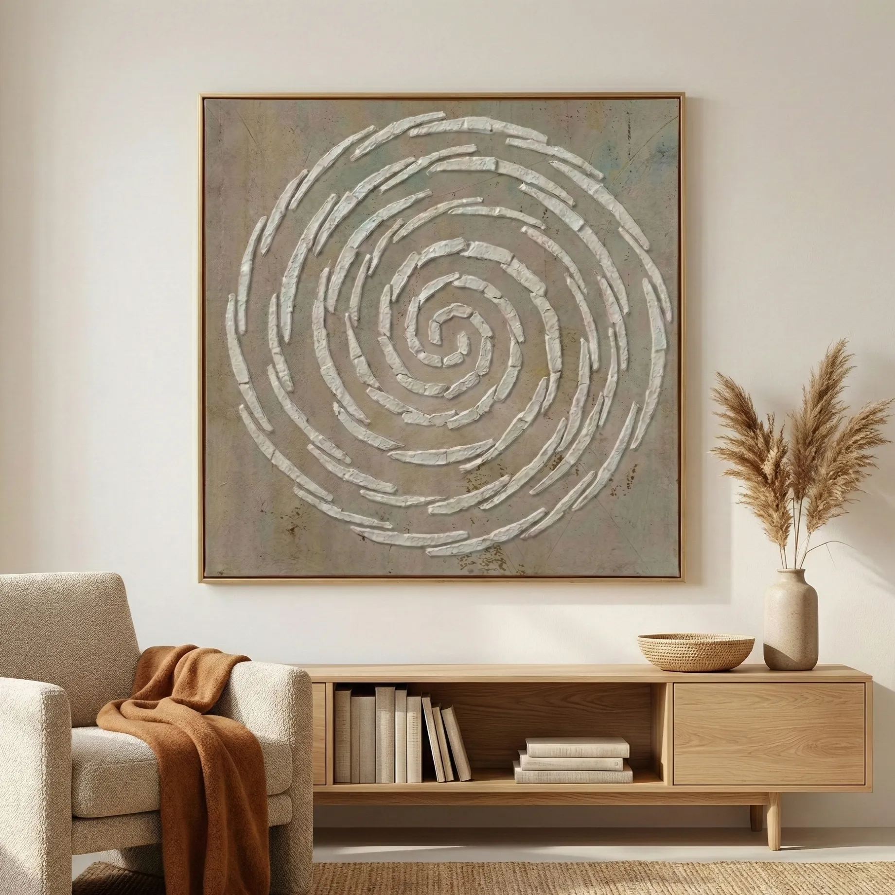 Ancient Vortex – Minimalist Wabi Sabi Textured Wall Decor (1) Textured abstract hand-painted canvas featuring concentric white spiral brushstrokes on muted taupe ground, contemporary living space