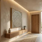 Minimalist hand-painted canvas featuring concentric spiral in white and grey tones, contemporary entryway