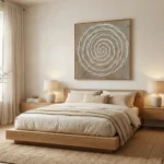 Textured abstract hand-painted canvas with concentric white spiral on muted taupe ground, contemporary bedroom