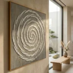 Chalk Whorl textured wall art shown framed on the wall in a styled interior