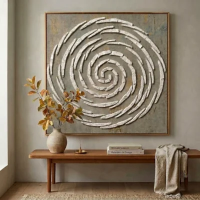 Chalk Whorl textured wall art shown framed on the wall in a styled interior