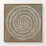 Minimalist hand-painted canvas with concentric spiral pattern in white and cream on textured neutral ground