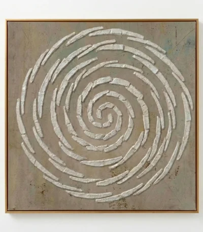 Minimalist hand-painted canvas with concentric spiral pattern in white and cream on textured neutral ground