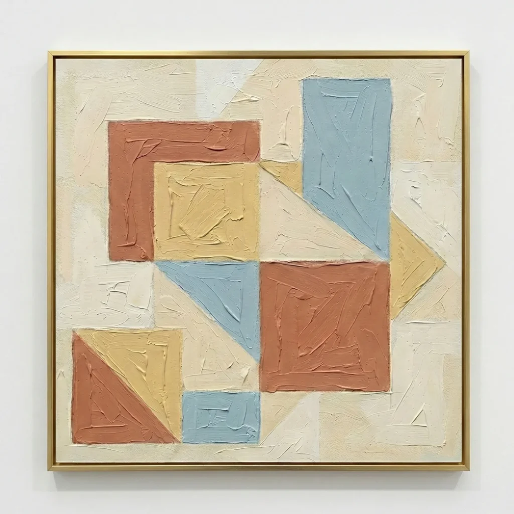 Geometric abstract hand-painted canvas in terracotta, soft blue, and cream with layered rectangular forms and textured brushwork