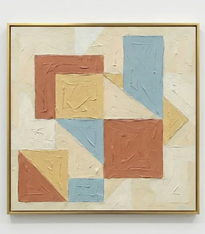 Geometric abstract hand-painted canvas in terracotta, soft blue, and cream with layered rectangular forms and textured brushwork