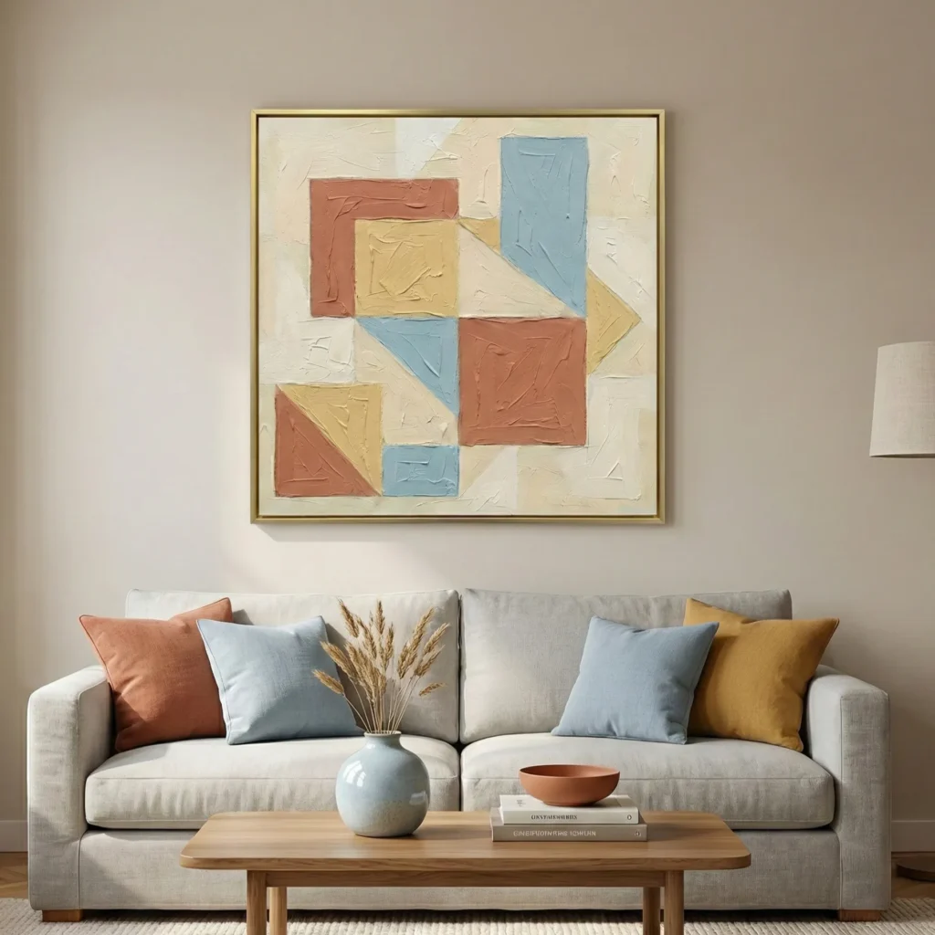 Textured geometric hand-painted canvas in terracotta, soft blue and golden yellow with cream background, contemporary living space