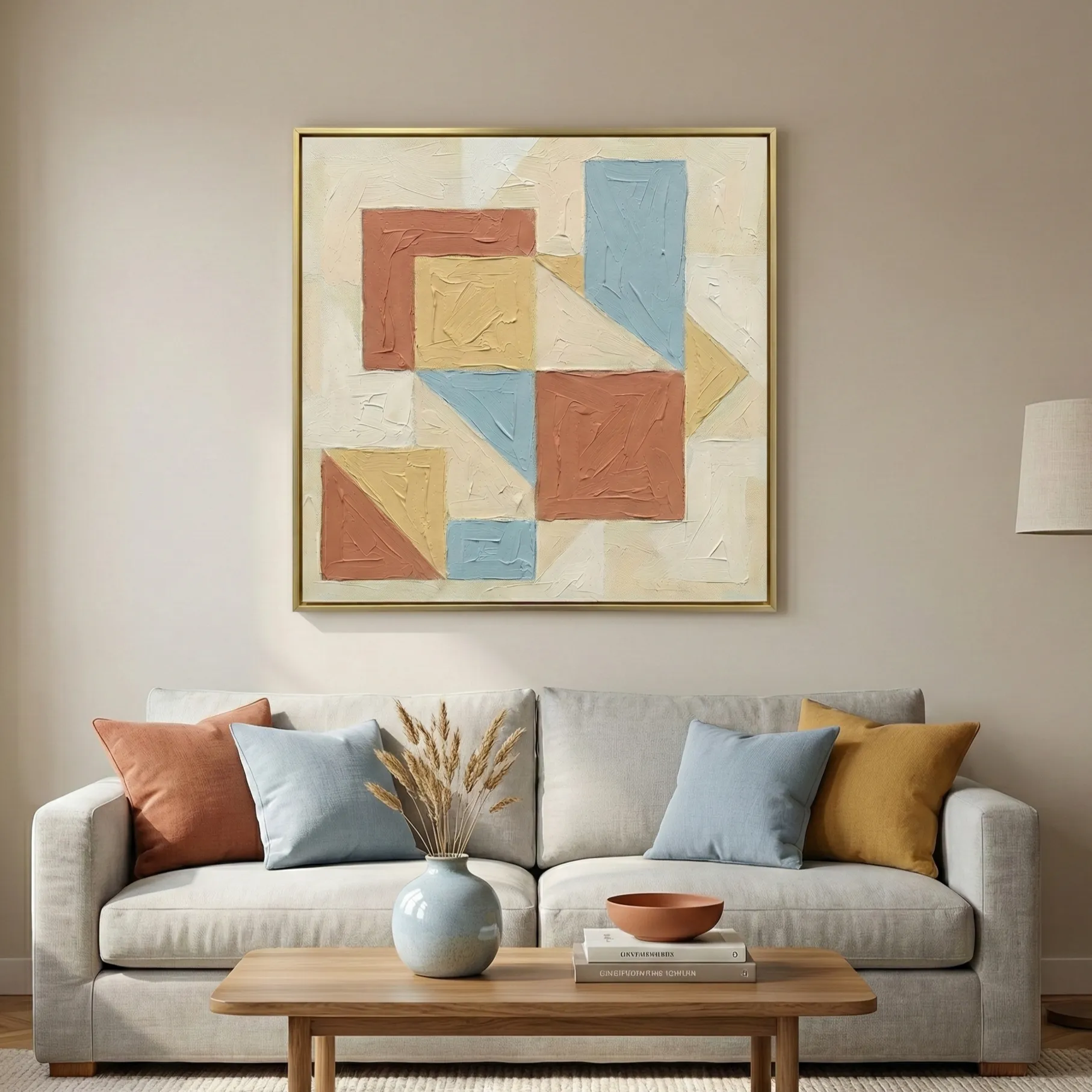 Architectural Calm – Minimal Impasto Geometric Wall Decor (4) Textured geometric hand-painted canvas in terracotta, soft blue and golden yellow with cream background, contemporary living space