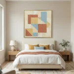 Textured abstract hand-painted canvas with terracotta, golden yellow, and blue geometric forms on cream background, modern bedroom