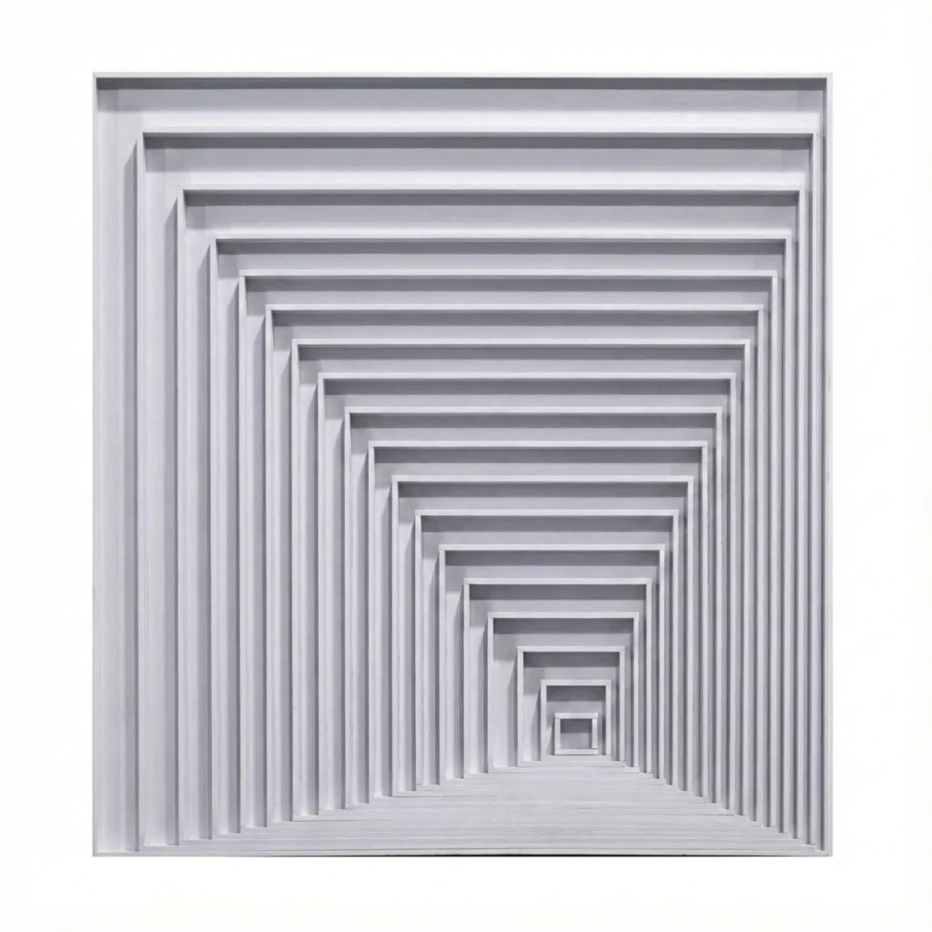 Minimalist hand-painted canvas depicting receding geometric frames in white and grey tones, contemporary interior