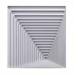 Minimalist hand-painted canvas depicting receding geometric frames in white and grey tones, contemporary interior