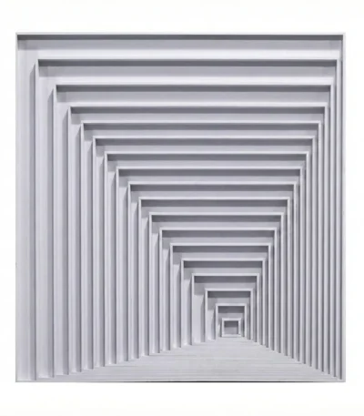 Minimalist hand-painted canvas depicting receding geometric frames in white and grey tones, contemporary interior