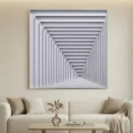 Minimalist hand-painted canvas with receding rectangular frames in monochromatic white and grey, contemporary living space