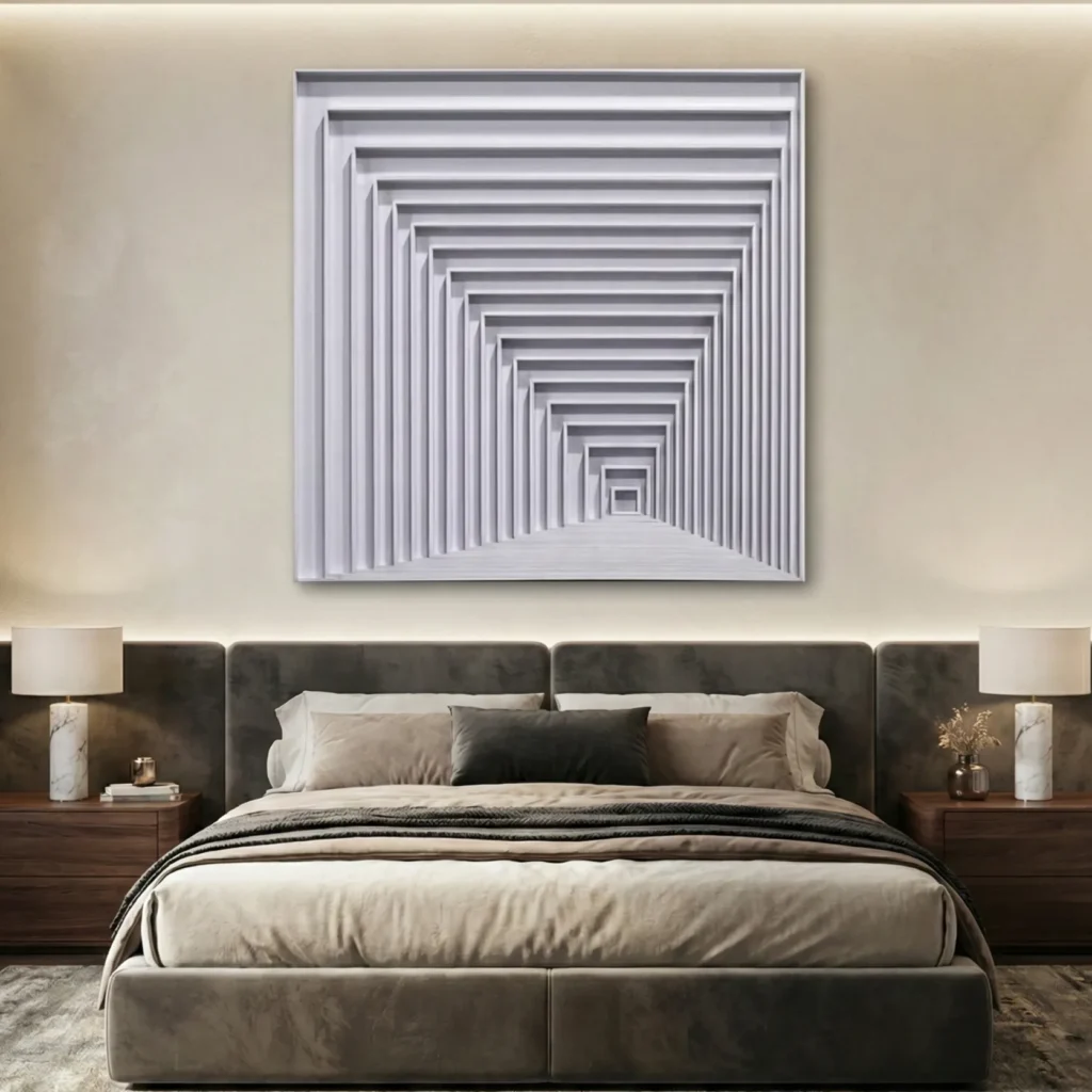 Minimalist hand-painted canvas depicting receding rectangular frames in monochrome grays and whites, contemporary bedroom