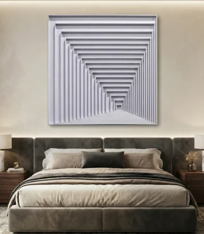 Minimalist hand-painted canvas depicting receding rectangular frames in monochrome grays and whites, contemporary bedroom