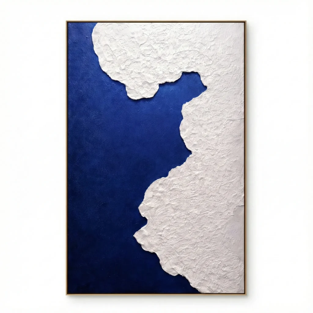 Minimalist hand-painted canvas with textured white coastline silhouette against deep navy blue negative space