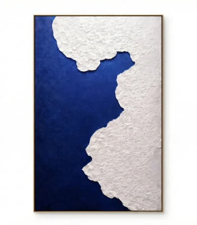 Minimalist hand-painted canvas with textured white coastline silhouette against deep navy blue negative space