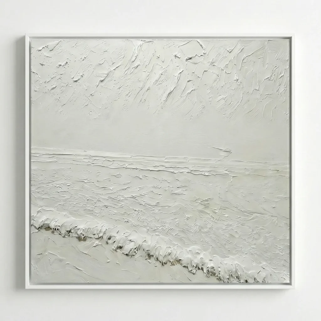 Textured minimalist hand-painted canvas depicting serene seascape with rolling waves in monochromatic cream tones