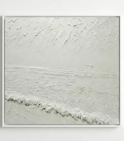 Textured minimalist hand-painted canvas depicting serene seascape with rolling waves in monochromatic cream tones