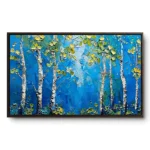 Heavily textured painting of white birch trees with yellow-green leaves against a vivid blue background, walnut frame