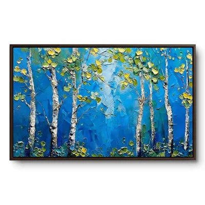 Heavily textured painting of white birch trees with yellow-green leaves against a vivid blue background, walnut frame