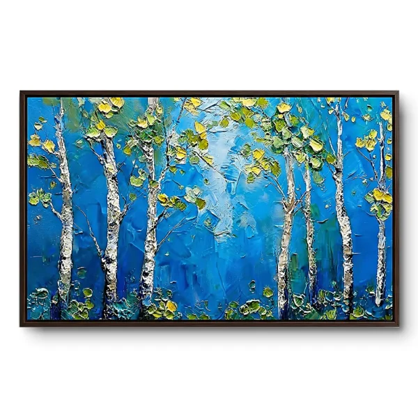 Heavily textured painting of white birch trees with yellow-green leaves against a vivid blue background, walnut frame