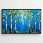 Textured contemporary landscape painting depicting white birch trees with golden and green foliage against deep blue background, hand-painted canvas in rich jewel tones