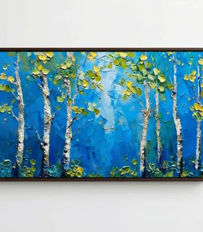 Textured contemporary landscape painting depicting white birch trees with golden and green foliage against deep blue background, hand-painted canvas in rich jewel tones