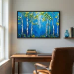 Impressionist hand-painted canvas depicting white birch trees with golden foliage against deep blue background, contemporary study