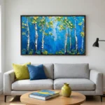 Textured contemporary landscape painting depicting white birch trees with golden foliage against deep blue sky, hand-painted canvas in modern living space