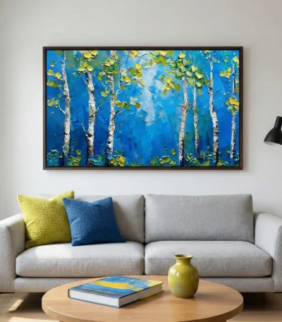 Textured contemporary landscape painting depicting white birch trees with golden foliage against deep blue sky, hand-painted canvas in modern living space