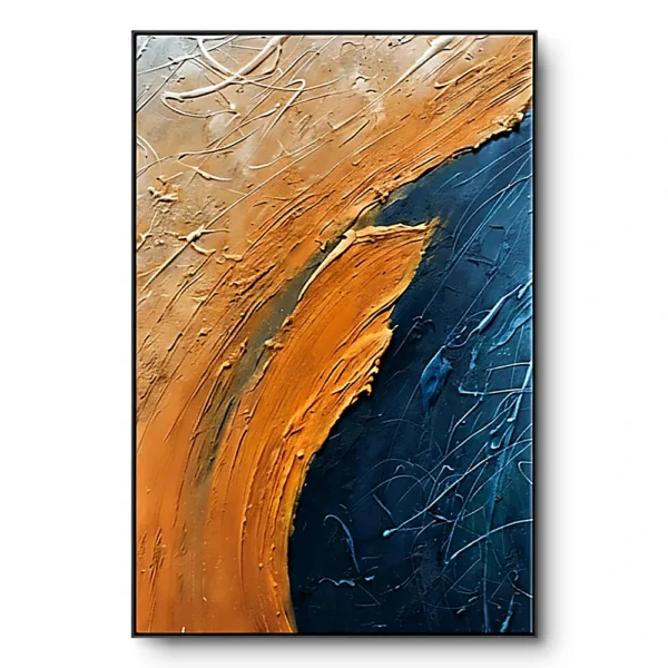 Abstract textured painting with a diagonal amber curve against dark navy blue, both scratched with fine white marks, black frame