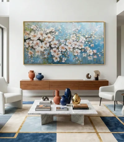Painterly hand-painted canvas depicting cascading white and blush blossoms against soft blue sky with delicate brushwork, contemporary living space