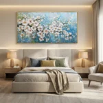 Impressionist hand-painted canvas depicting cascading white cherry blossoms against soft blue and teal tones, modern bedroom
