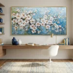 Impressionist hand-painted canvas of white cherry blossoms with gold accents on blue gradient background, contemporary home office