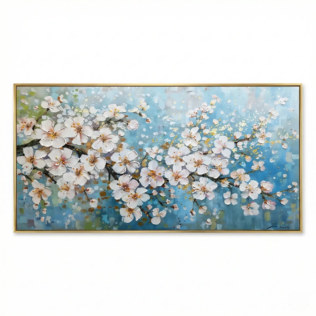 Painting of a white and pink blossom branch over a pale blue ground with gold leaf flecks, gold frame, panoramic, signed