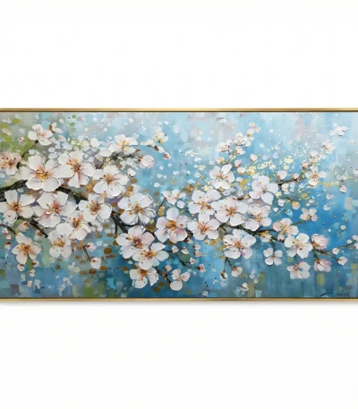 Textured contemporary hand-painted canvas of white cherry blossoms with gold accents on layered blue background