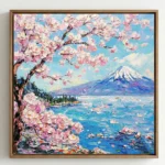 Impressionist hand-painted canvas depicting Mount Fuji with cherry blossom tree and turquoise lake in soft pink and blue tones