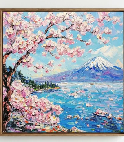 Impressionist hand-painted canvas depicting Mount Fuji with cherry blossom tree and turquoise lake in soft pink and blue tones